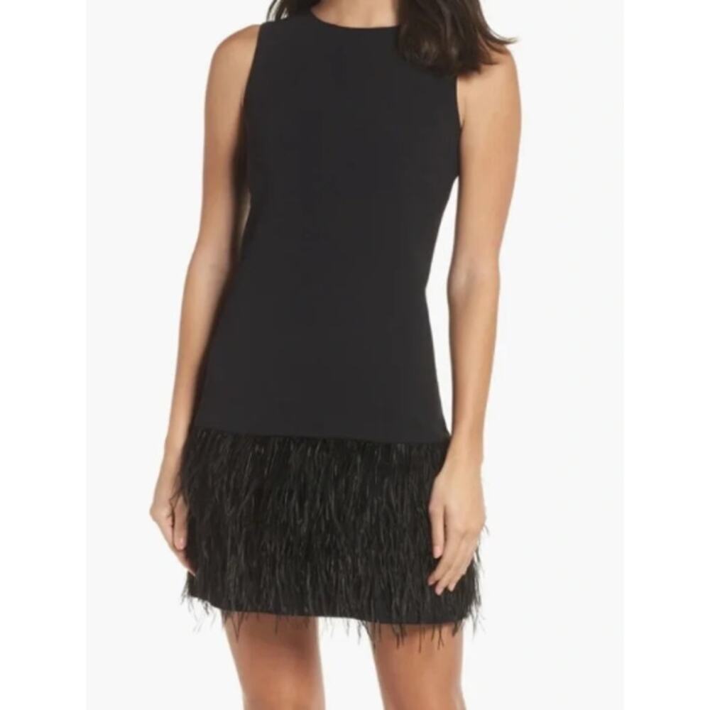 Sam Edelman Ostrich Feather Shift Dress Black Sleeveless High Neck Mini Size 2